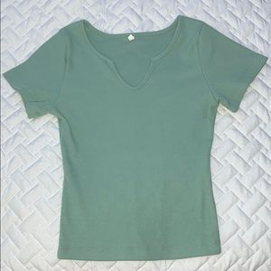Rib-knit sage green v-cut top